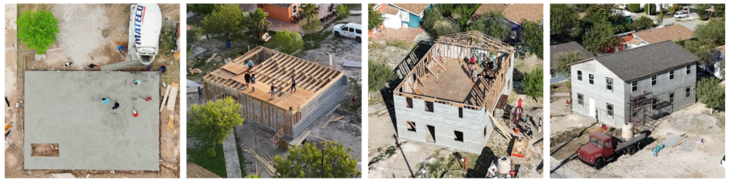 Four pictures showing the progress of the Intern House construction from foundation to framing to roofing.